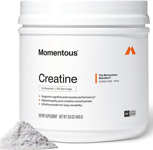 Front: Momentous creatine monohydrate powder, unflavored, 90-serving container