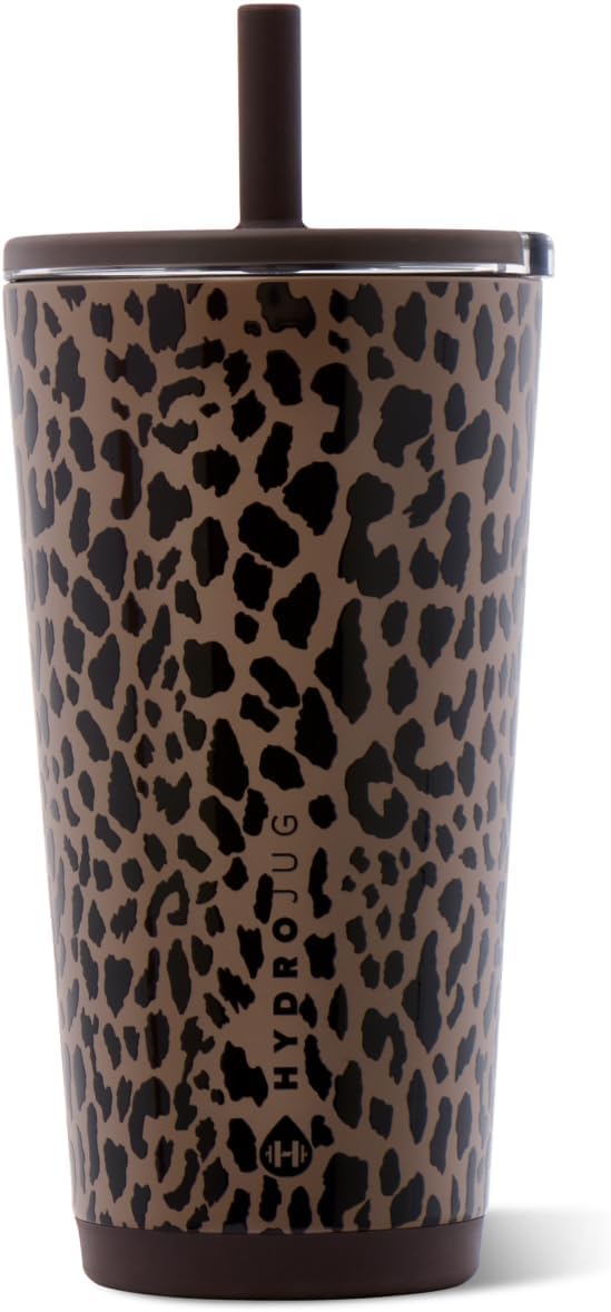 A HydroJug insulated tumbler with a brown and black leopard print pattern, featuring a dark brown lid with a matching straw and base.