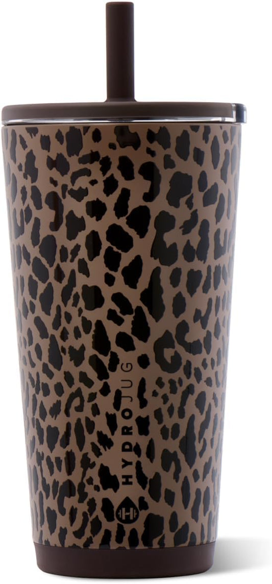 A HydroJug insulated tumbler with a brown and black leopard print pattern, featuring a dark brown lid with a matching straw and base.