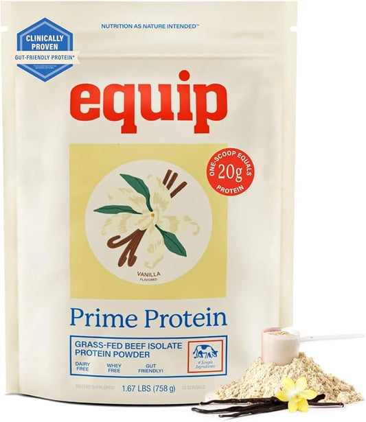 Equip Prime grass fed beef protein powder, vanilla, front of container