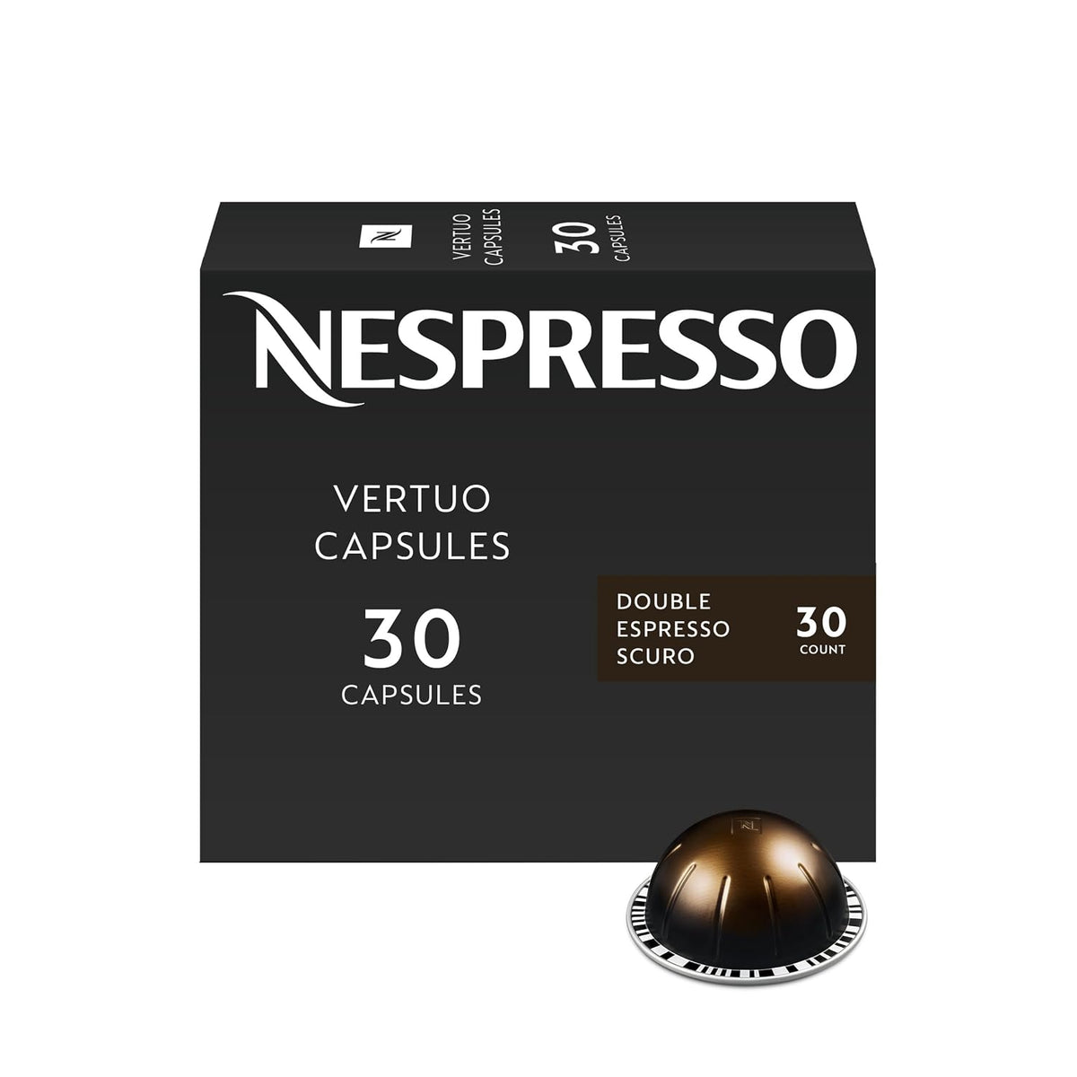 Nespresso Vertuo Double Espresso Scuro, black 30-count capsule box with brown label and dark bronze coffee pod