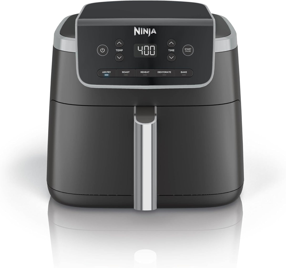 Grey Ninja Air Fryer Pro AF142 with a digital control panel, five cooking-mode buttons and a silver drawer handle.