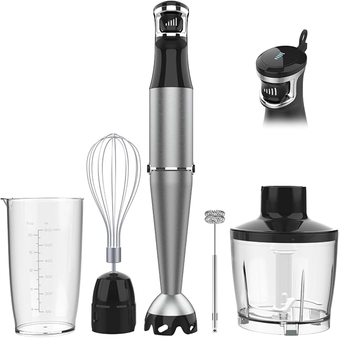 Turelar immersion blender set with blending stick, whisk, frother, clear measuring beaker and food processor bowl.