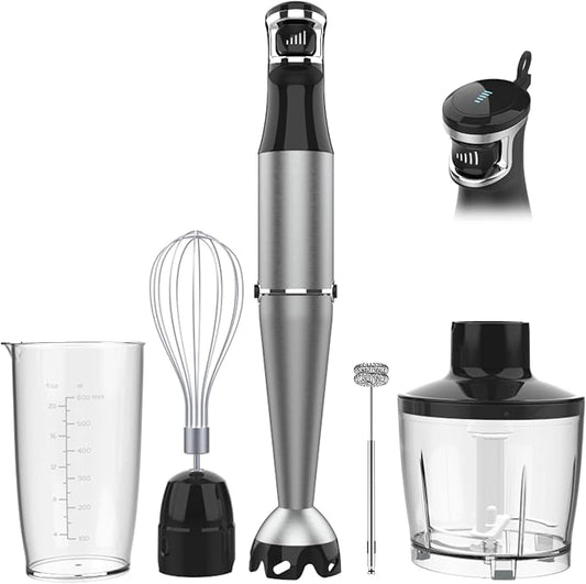 Turelar immersion blender set with blending stick, whisk, frother, clear measuring beaker and food processor bowl.