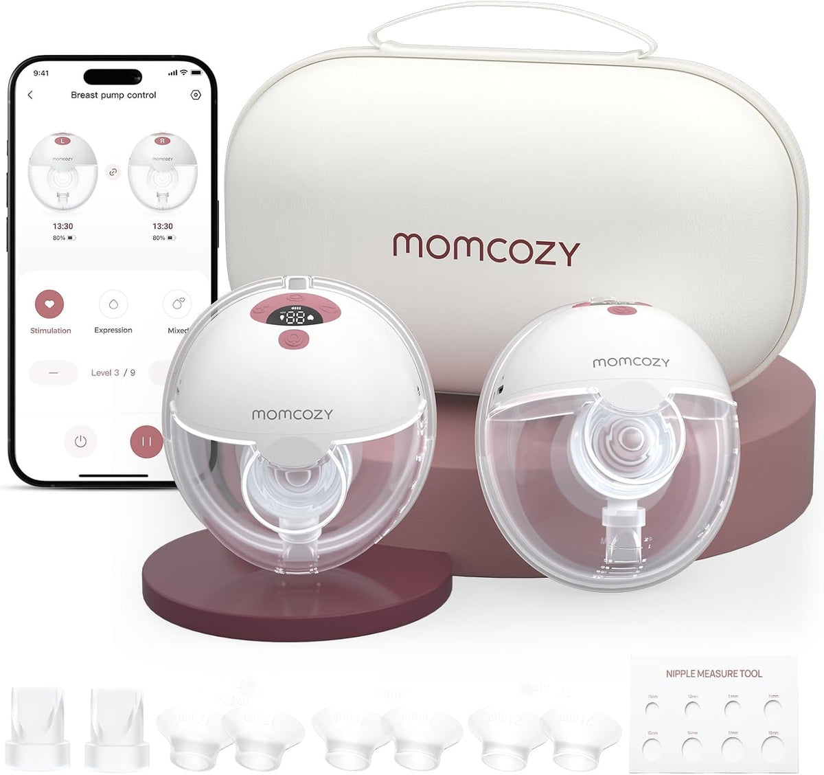 Momcozy M5 wearable breast pump two-pack in Cozy Red with 24mm flanges