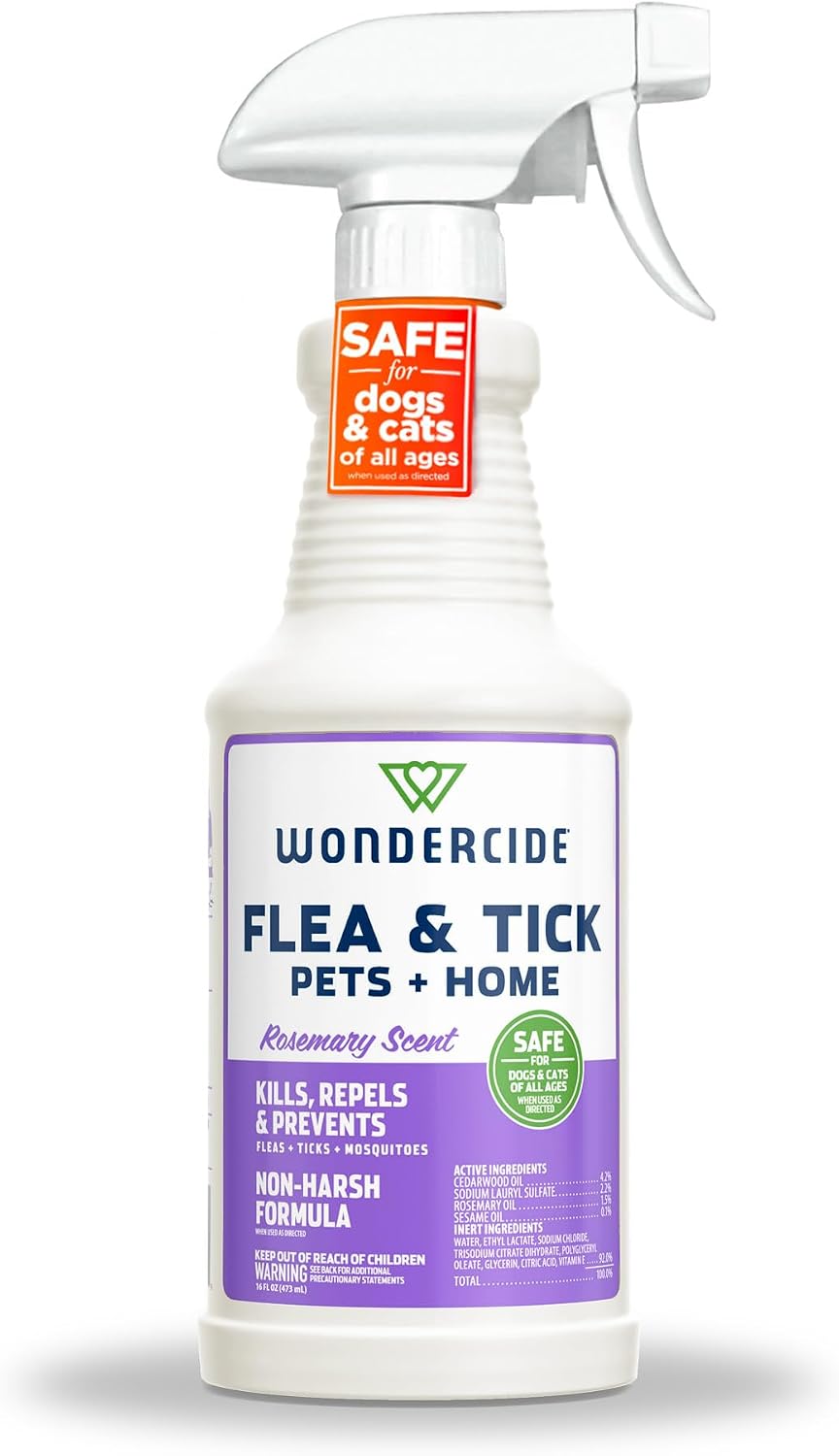 Wondercide Flea & Tick Pets + Home Rosemary spray, 16 fl oz white trigger bottle with a purple label