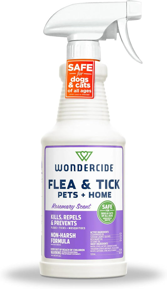 Wondercide Flea & Tick Pets + Home Rosemary spray, 16 fl oz white trigger bottle with a purple label