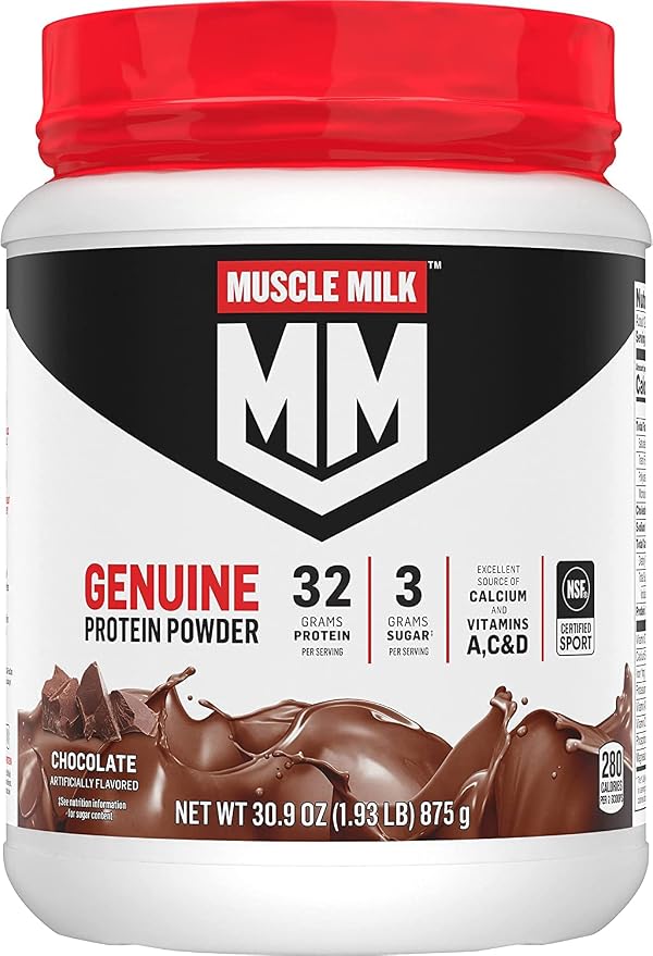 Muscle Milk Genuine chocolate protein powder 1.93 lb container, front view, 32g protein