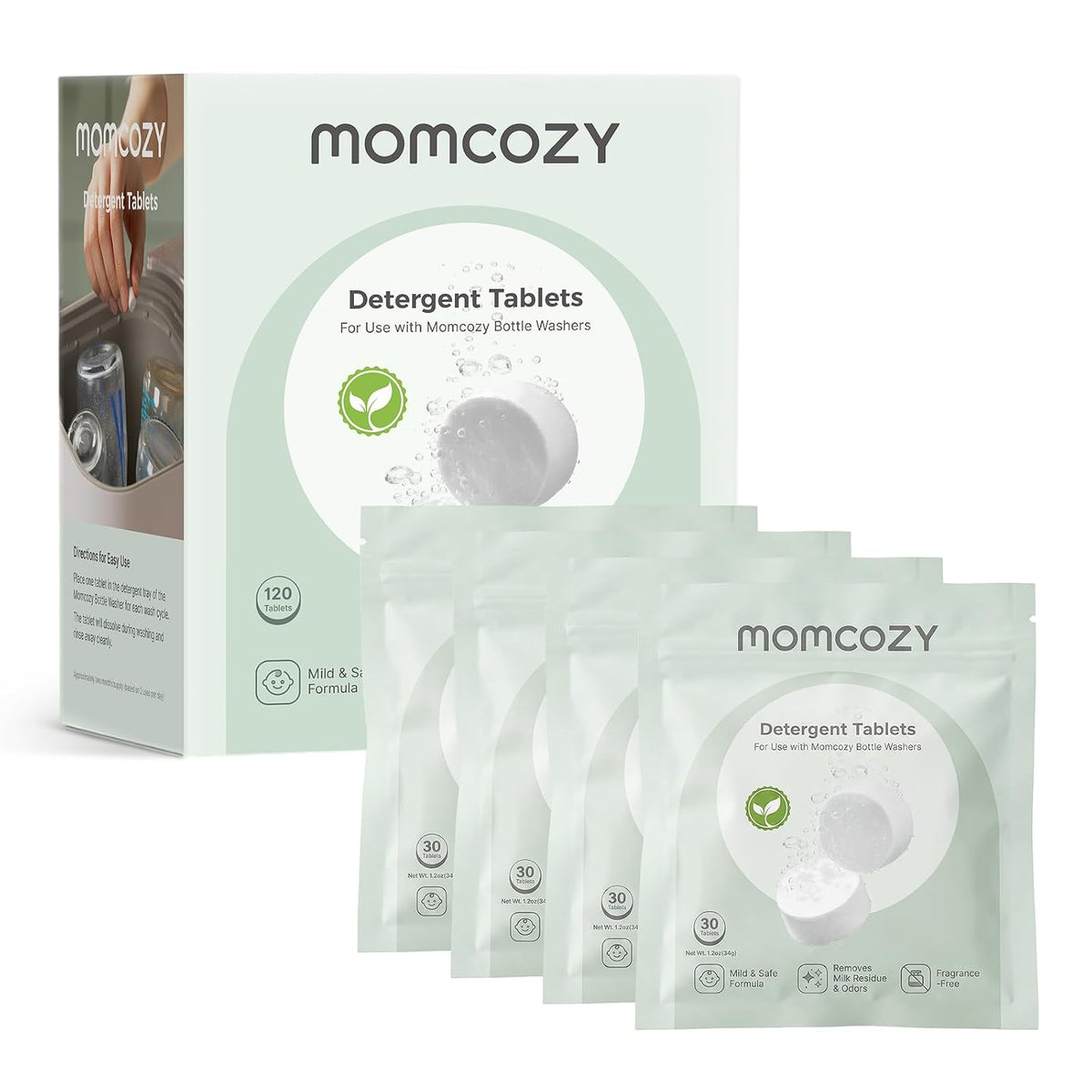 Momcozy bottle washer detergent tablets packaging, 120 count