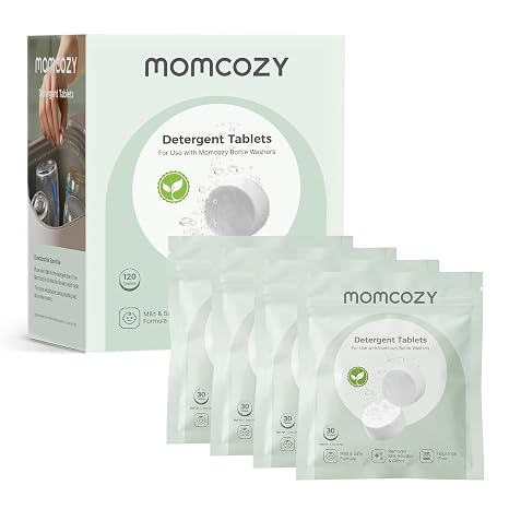 Momcozy detergent tablets in a pale-green 120-count box with matching refill pouches