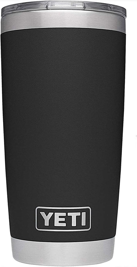 Black YETI tumbler with a silver lid on a white background
