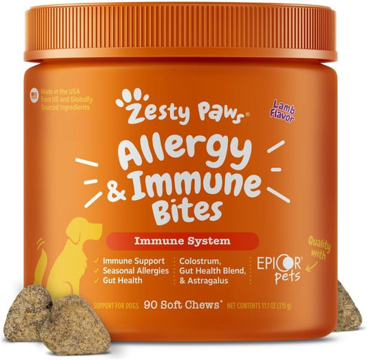 Zesty Paws Allergy & Immune Bites, lamb flavor, 90 soft chews for dogs in an orange jar with chews beside it