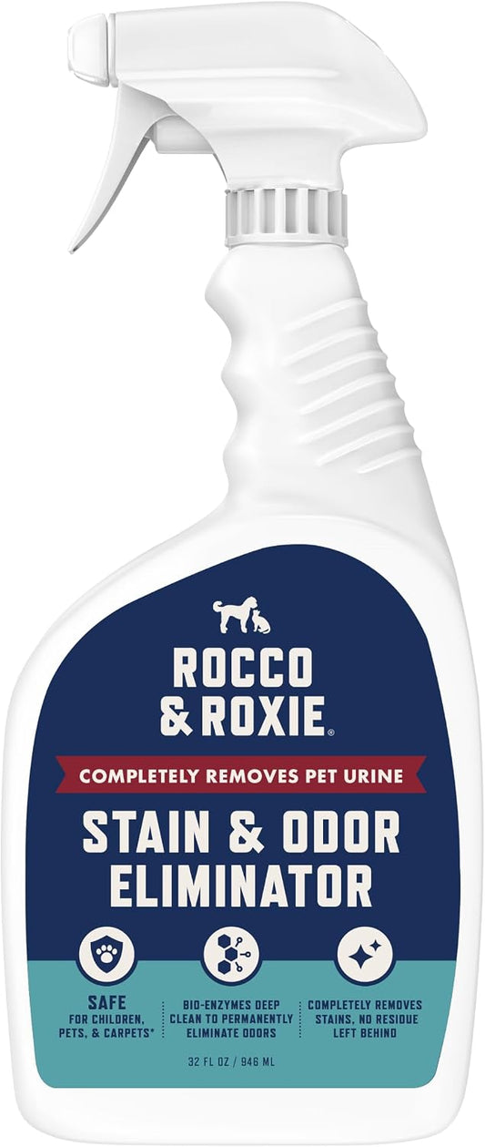 Rocco & Roxie Stain & Odor Eliminator, 32 fl oz white trigger spray bottle with a navy and teal label