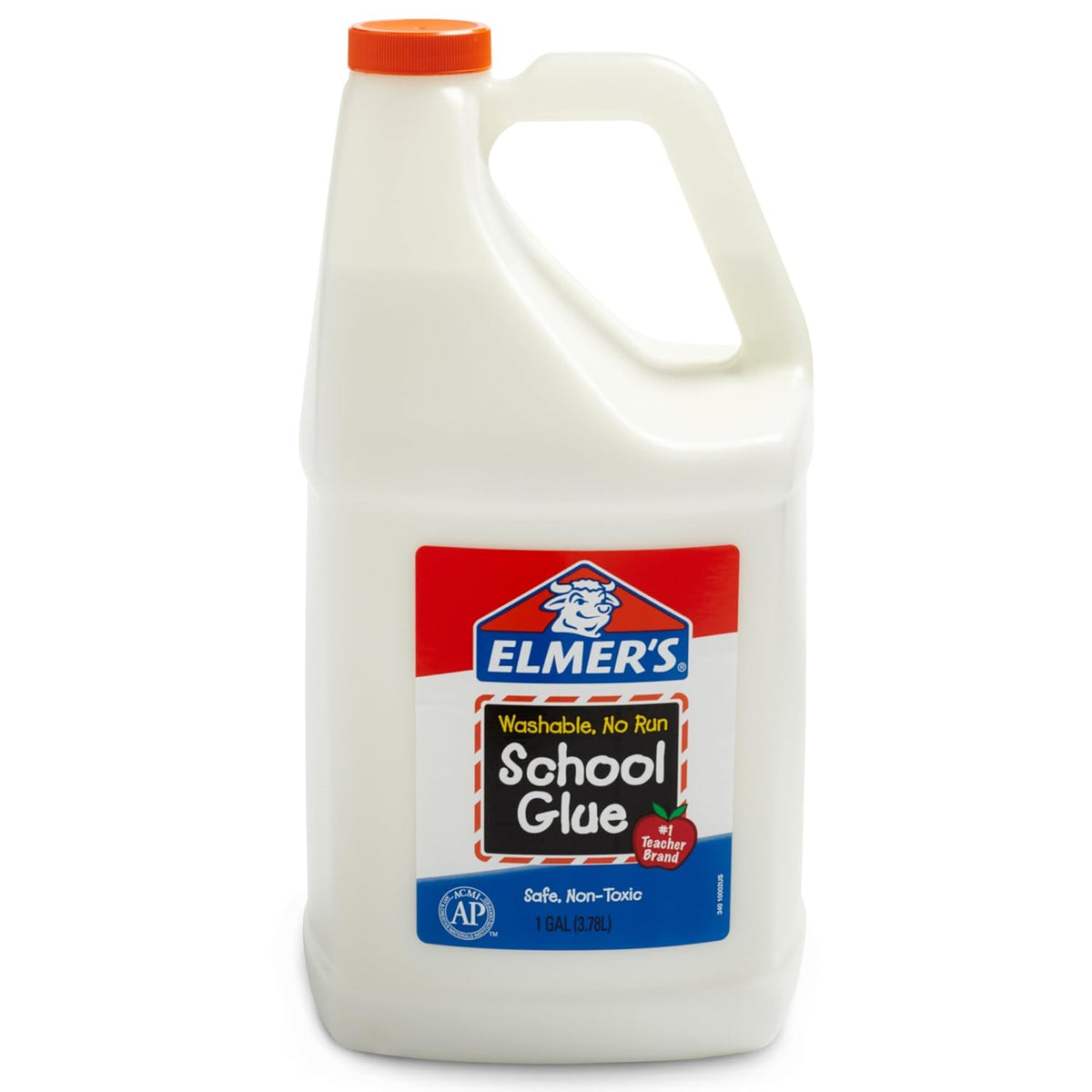 Elmer's white liquid school glue in a one-gallon jug with orange cap, carry handle and washable glue label