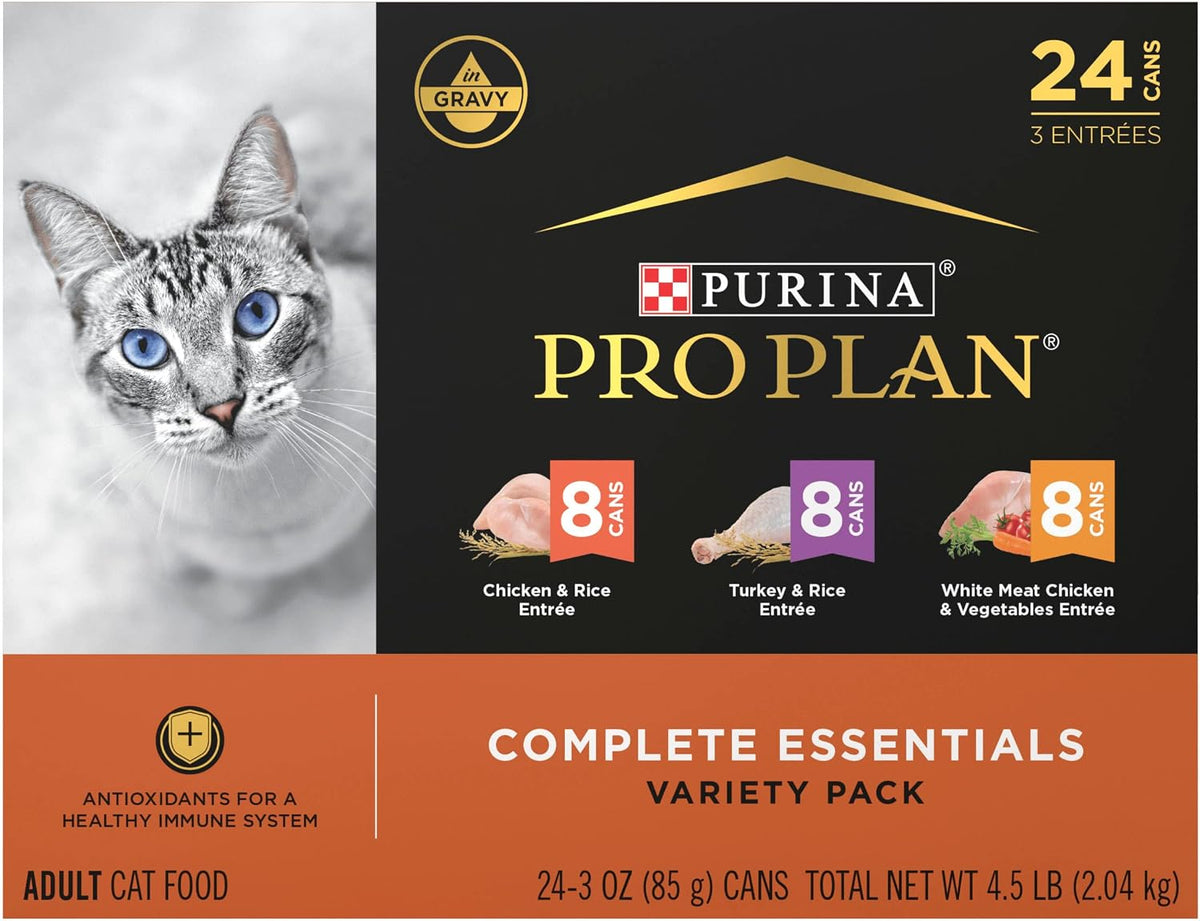 Purina Pro Plan Complete Essentials wet cat food, 24-can poultry variety pack in a black and orange box featuring a cat