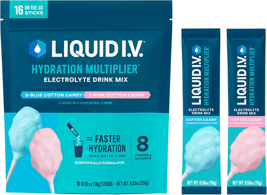 Liquid I.V. Hydration Multiplier Electrolyte Drink Mix packaging with cotton candy flavor.