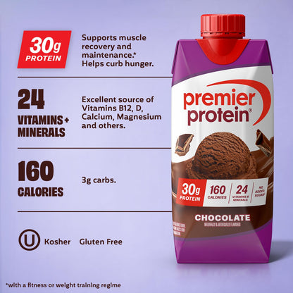 Premier Protein chocolate flavor packaging with nutritional information on a purple background