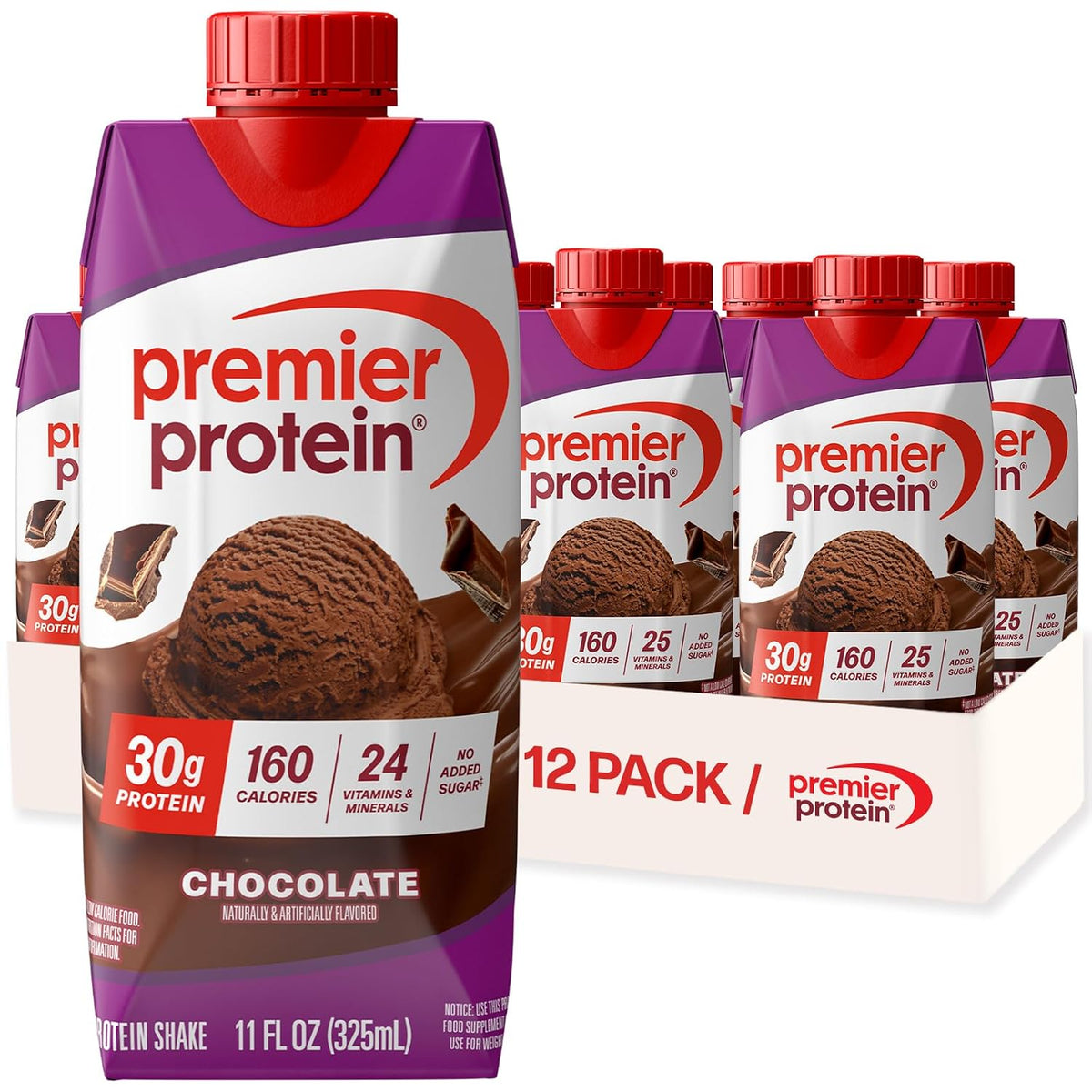Premier Protein chocolate protein shake 12 pack, 11 oz each, with 30g protein per serving