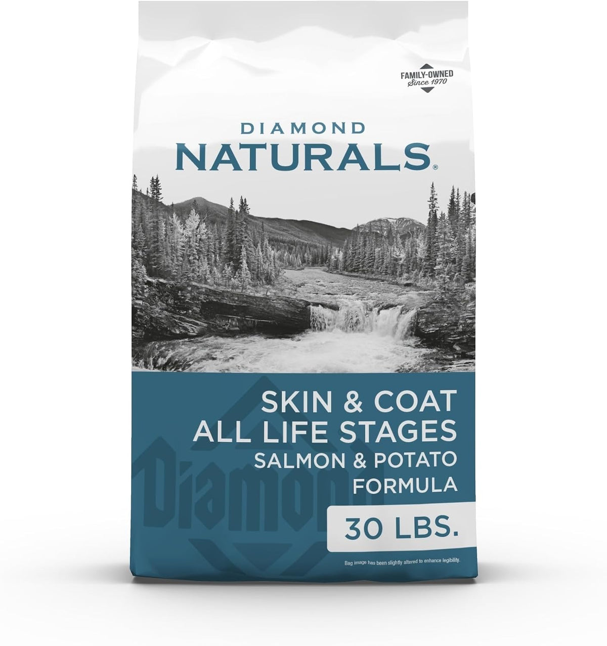 Diamond Naturals Skin & Coat salmon and potato dry dog food, 30 lb white and teal bag with a river landscape