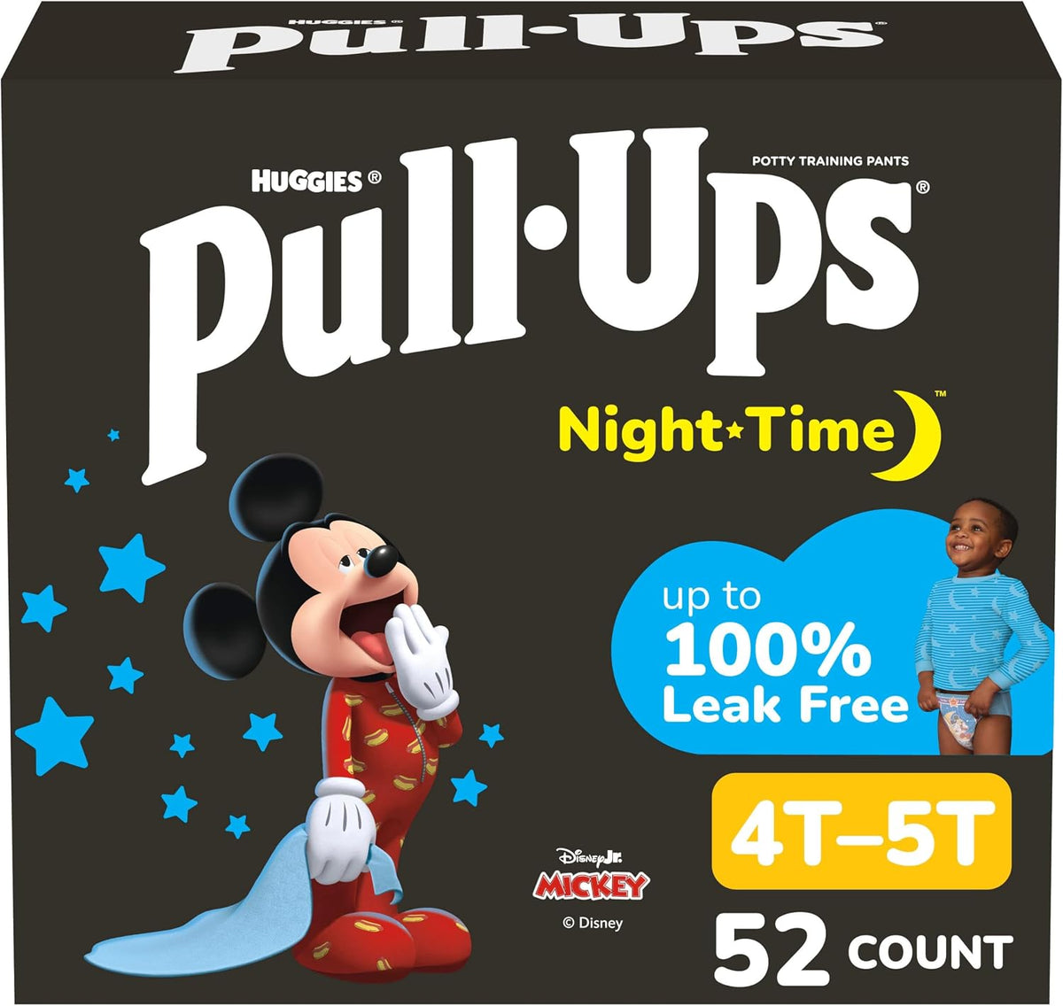 Pull-Ups boys’ night-time potty training pants packaging, Size 4T–5T, 52 count