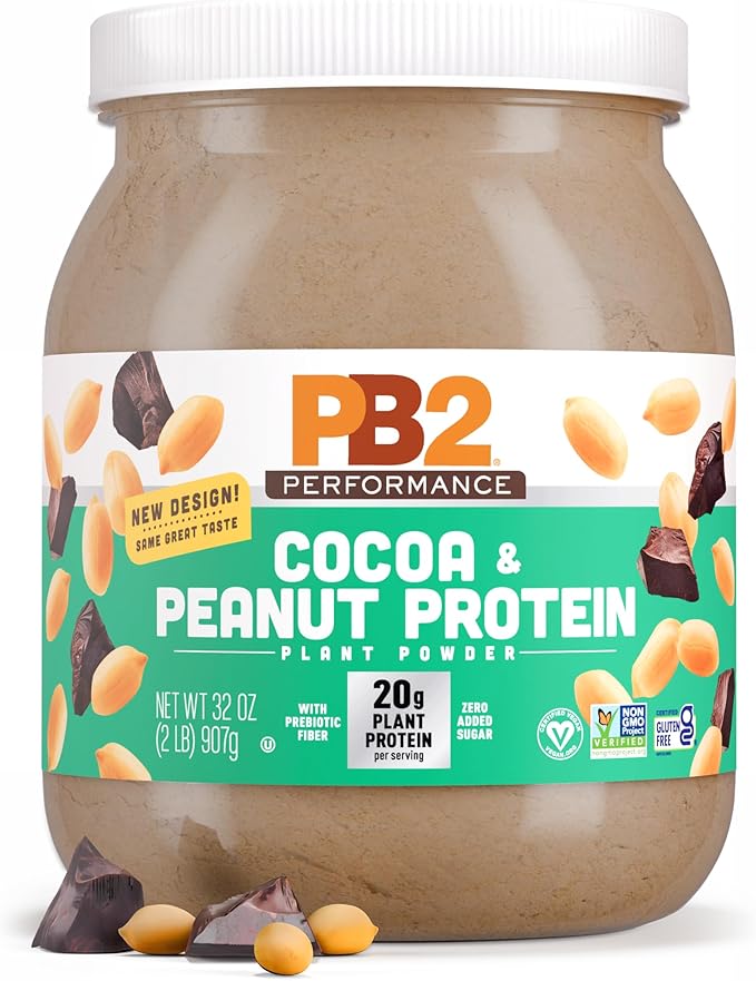 A 32 oz jar of PB2 Performance Cocoa & Peanut Protein Plant Powder, featuring a white lid and a label with cocoa and peanut illustrations, set against a clean white background.
