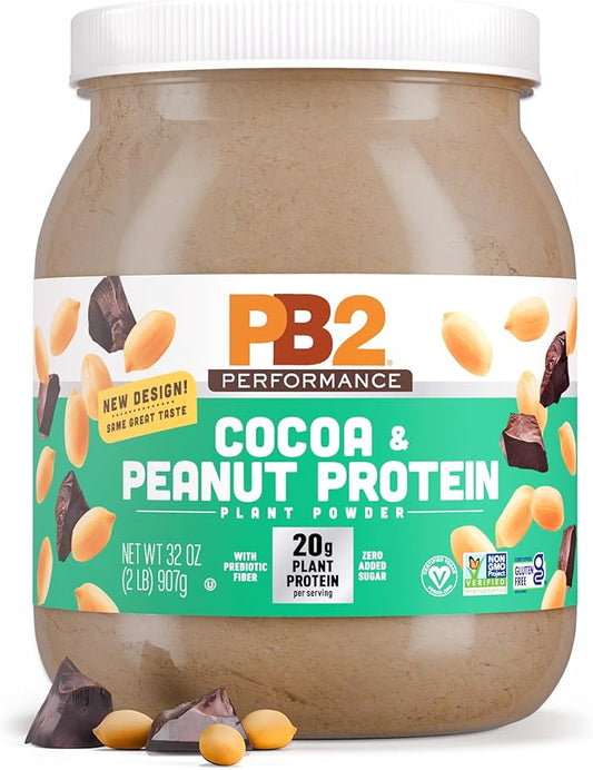 A 32 oz jar of PB2 Performance Cocoa & Peanut Protein Plant Powder, featuring a white lid and a label with cocoa and peanut illustrations, set against a clean white background.