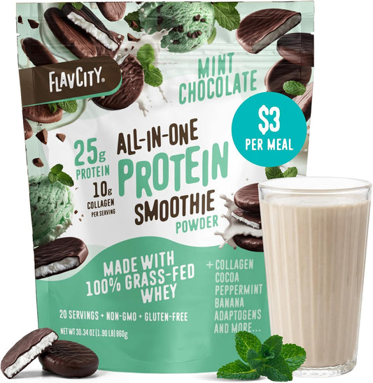 FlavCity Mint Chocolate All-In-One Protein Smoothie Powder pouch shown with a glass of creamy beige smoothie and mint leaves on a white background.