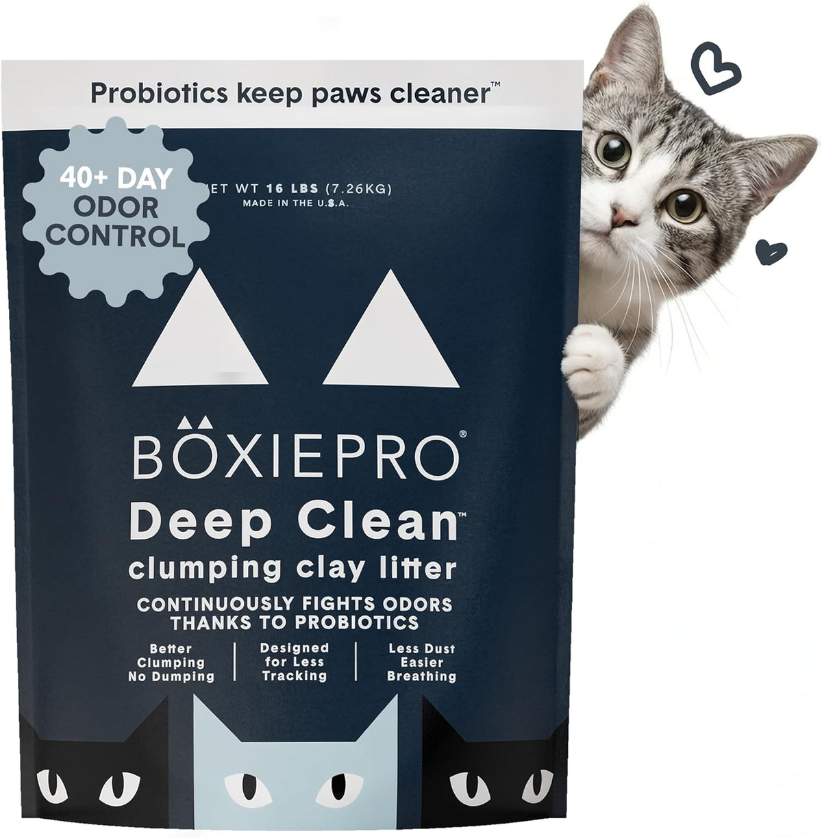 BoxiePro Deep Clean probiotic clumping clay cat litter, 16 lb navy bag with a tabby cat peeking from behind