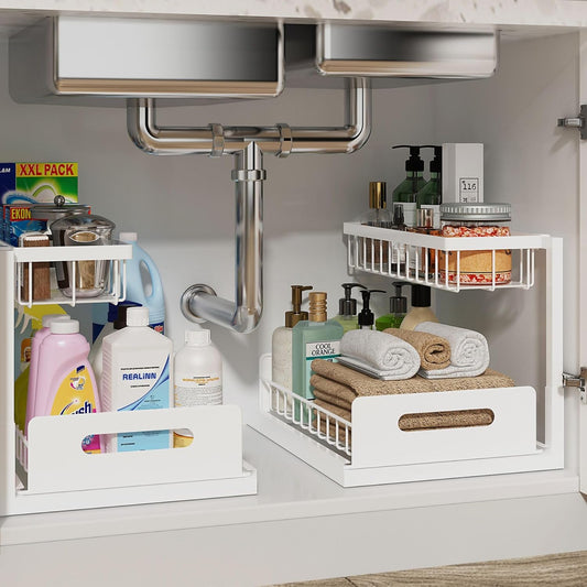 Under-sink organizer with various items including bottles, towels, and a soap dispenser.