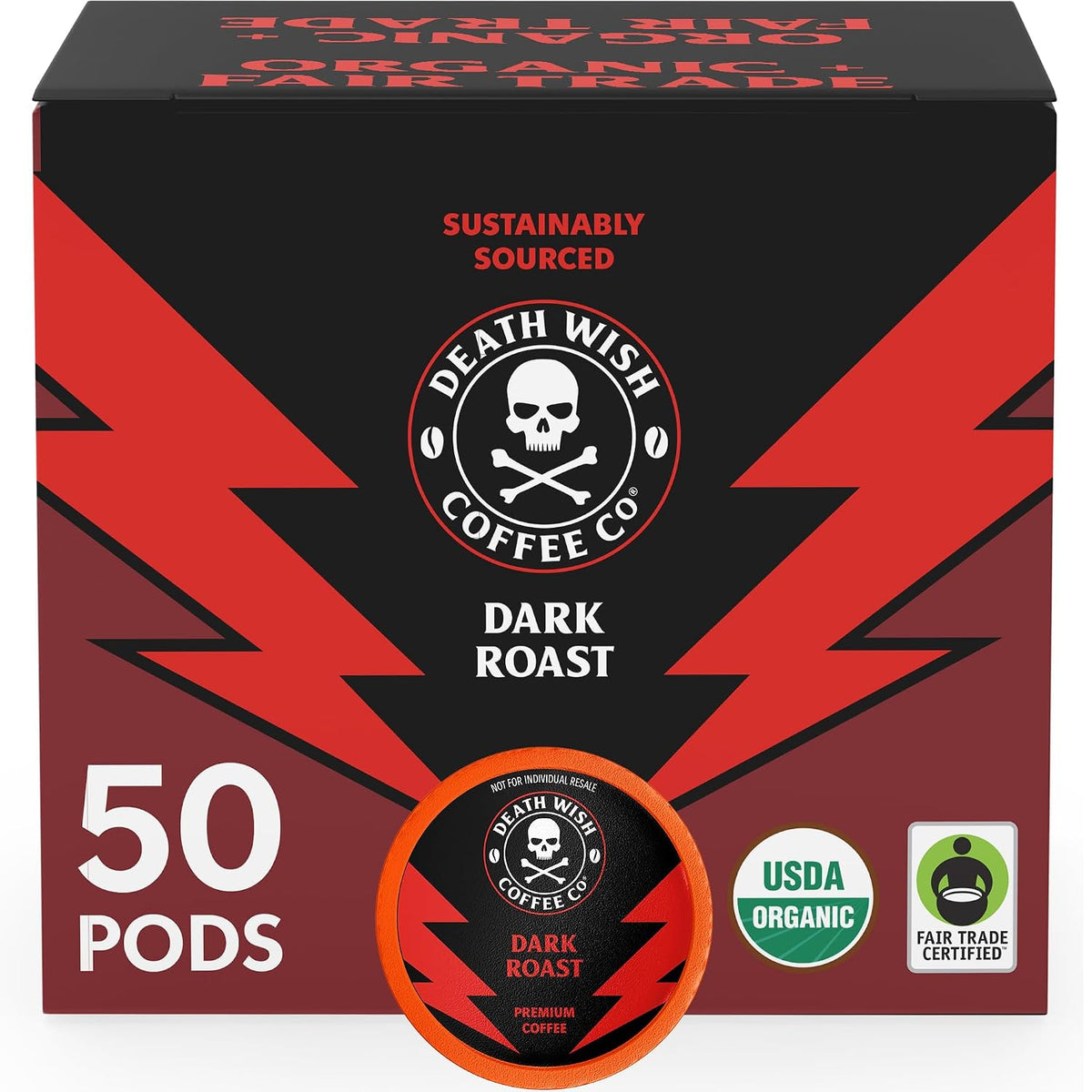 Death Wish Coffee organic dark-roast single-serve pods, 50-count pack”