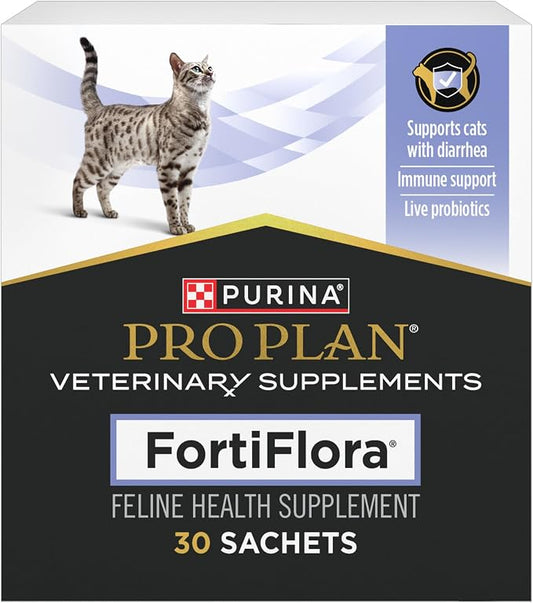 Purina Pro Plan FortiFlora feline probiotic supplement, 30-sachet box in black, white and lavender featuring a spotted cat