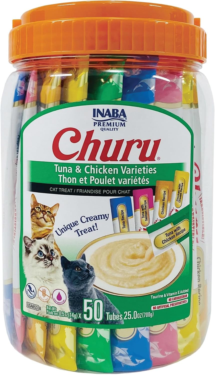 INABA Churu tuna and chicken variety cat treats, 50 tubes in a clear jar with an orange lid