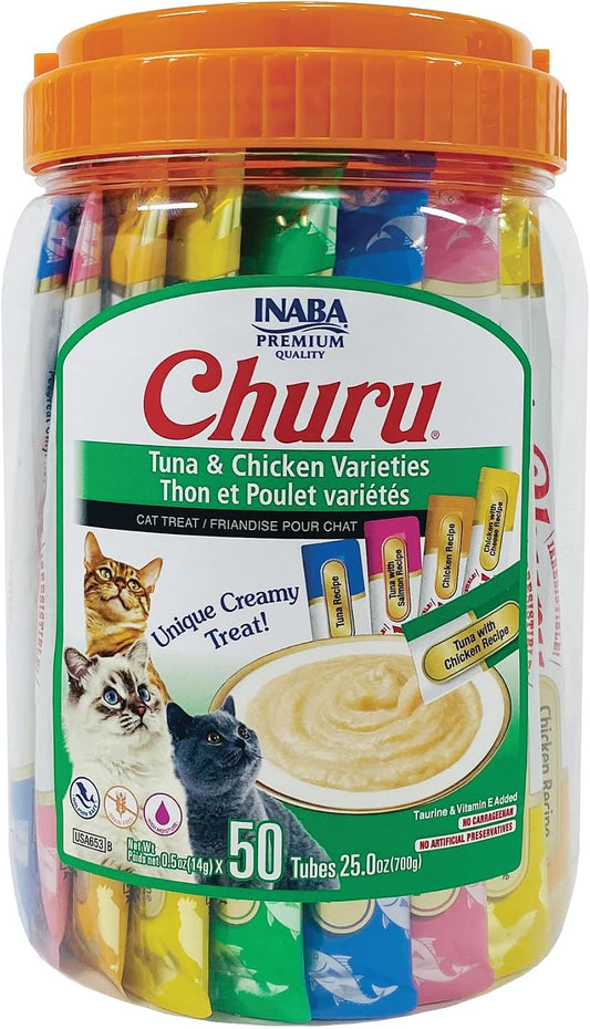 INABA Churu tuna and chicken variety cat treats, 50 tubes in a clear jar with an orange lid