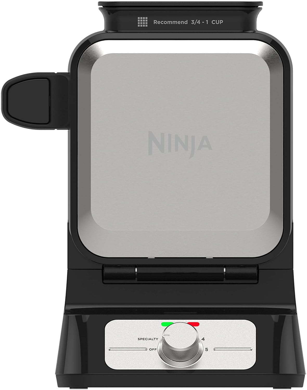 Ninja BW1001 Belgian waffle maker in black and silver with vertical design, side handle and shade control dial