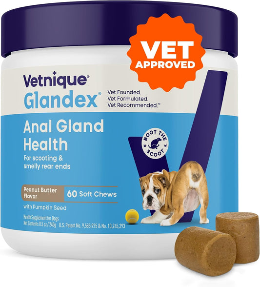 Vetnique Glandex peanut butter anal gland chews for dogs, 60-count white tub with purple lid and two chews in front