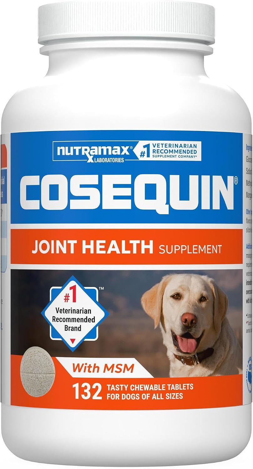 Nutramax Cosequin joint supplement with MSM, 132 chewable tablets, white bottle with blue and orange label and dog image