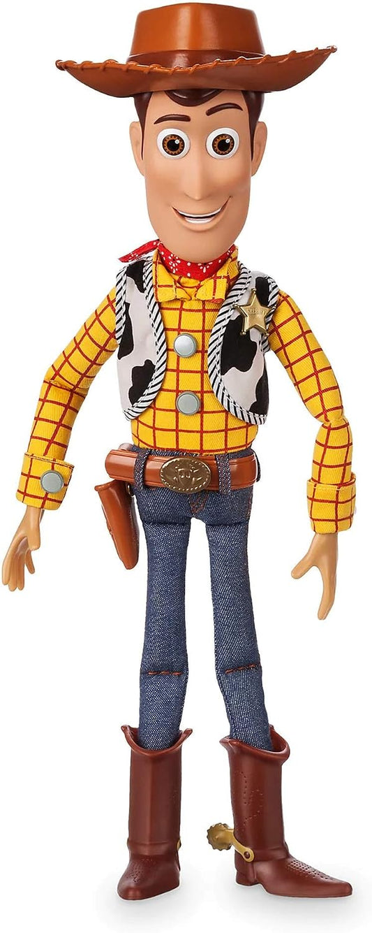 Toy Story Sheriff Woody talking action figure wearing a brown cowboy hat, yellow plaid shirt, cow-print vest and boots.