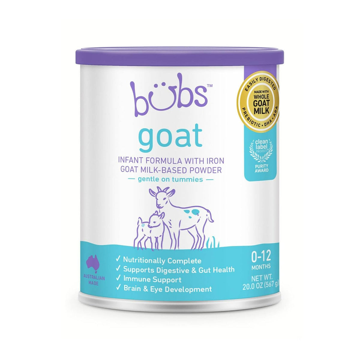 Bubs Whole Goat Milk Infant Formula packaging, 20 oz, labelled for ages 0–12 months