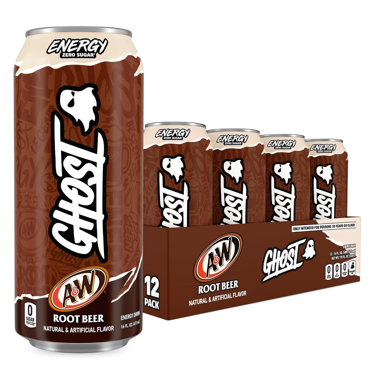 GHOST Energy A&W Root Beer zero-sugar energy drink 12 pack, 16 oz each