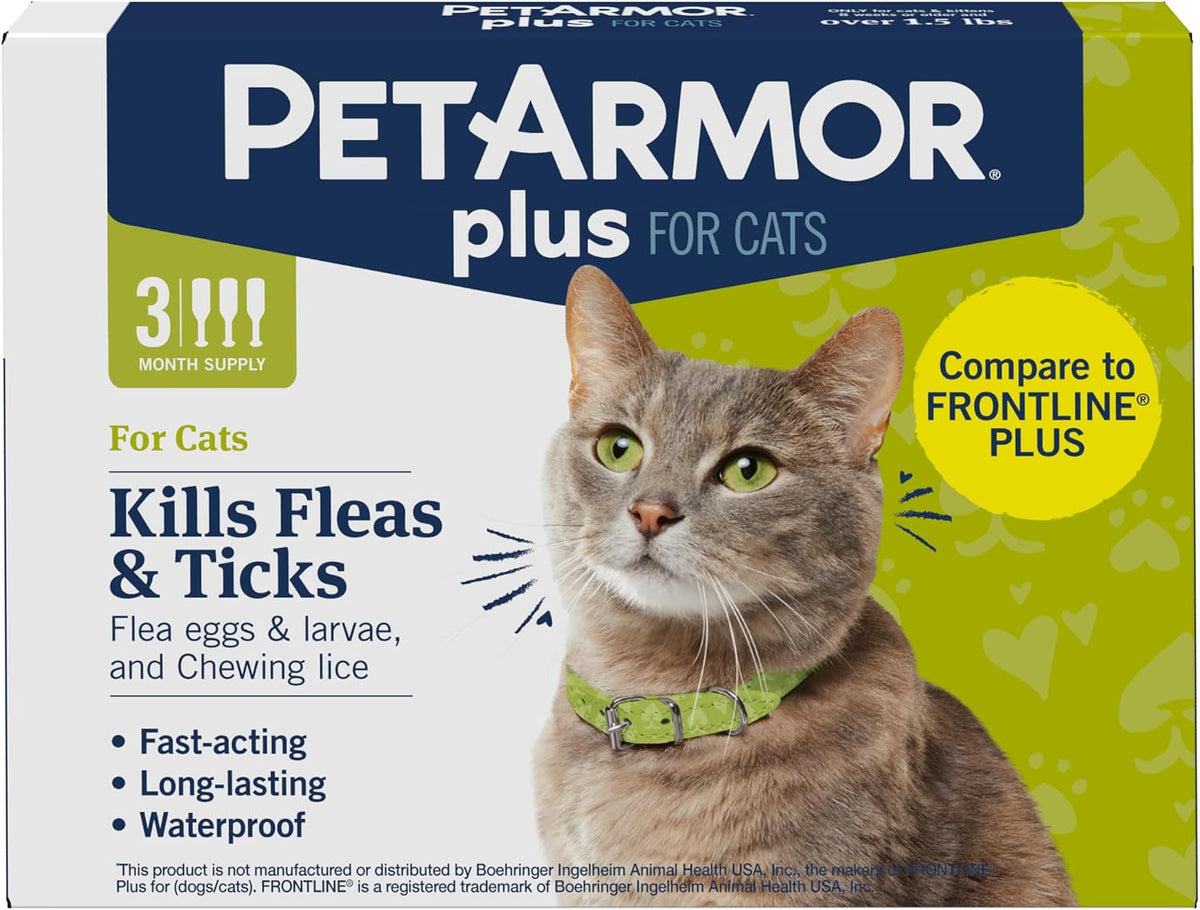 PetArmor Plus flea and tick topical for cats, 3-month supply in a navy, white and lime box featuring a gray cat
