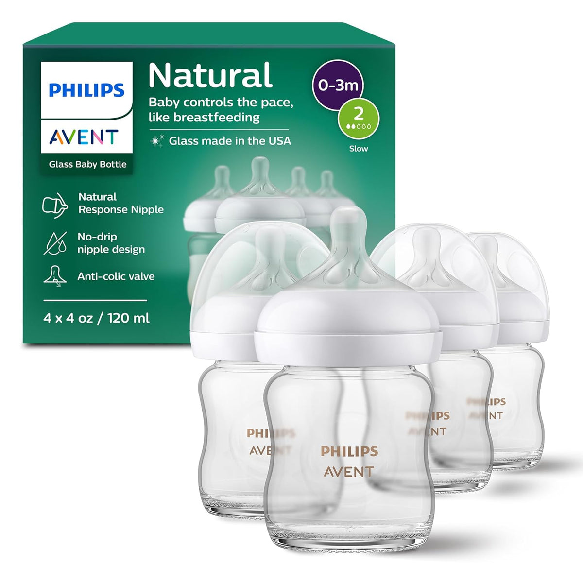 Philips Avent Natural 4 oz glass baby bottles, four-pack with Slow Flow 2 nipples