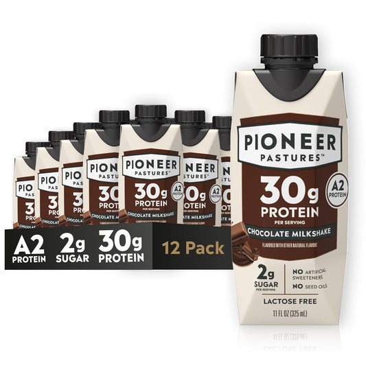 Pioneer Pastures protein milkshake cartons on a white background
