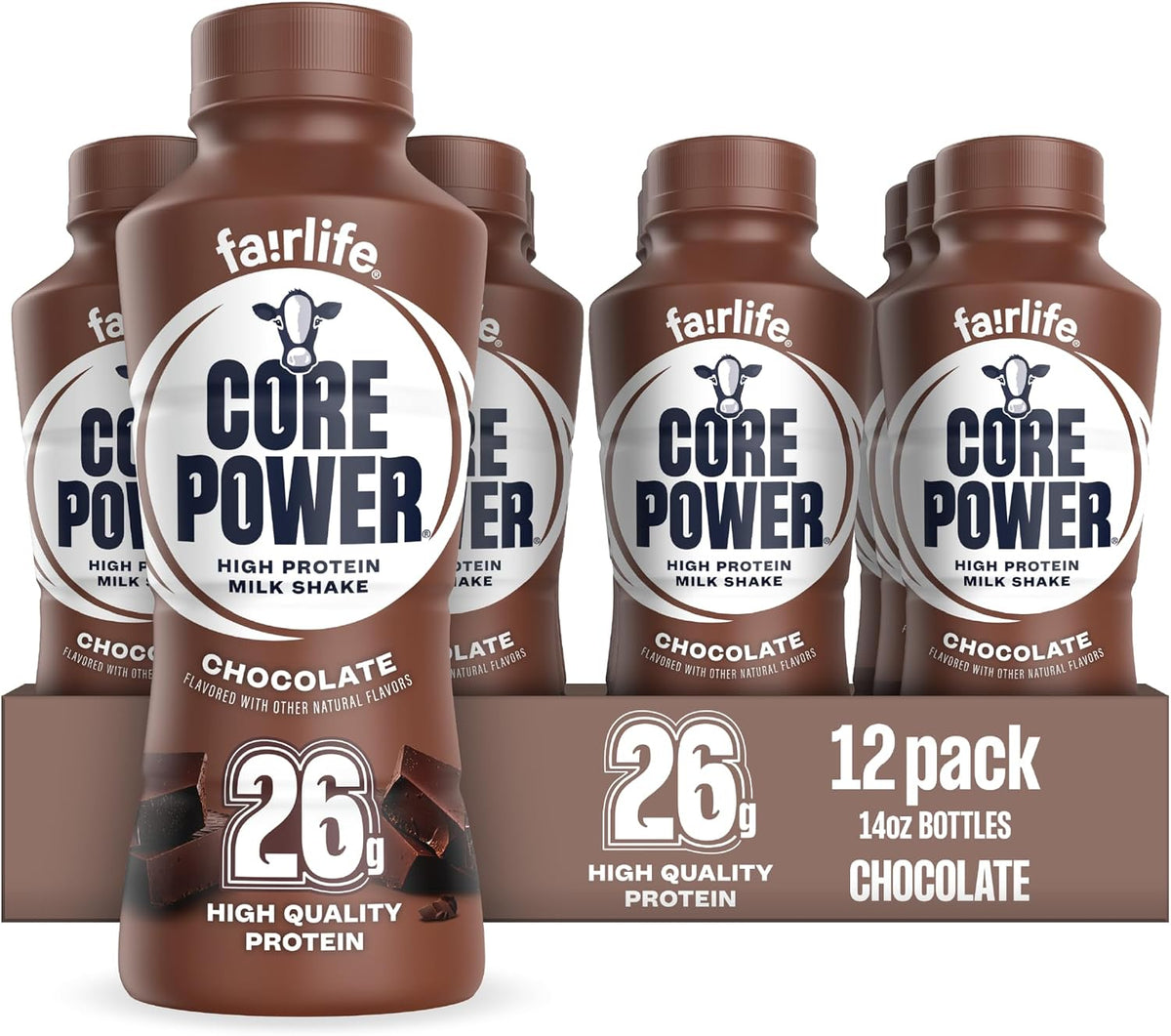 fairlife Core Power chocolate protein shake 12 pack, 14 fl oz bottles with 26g protein each