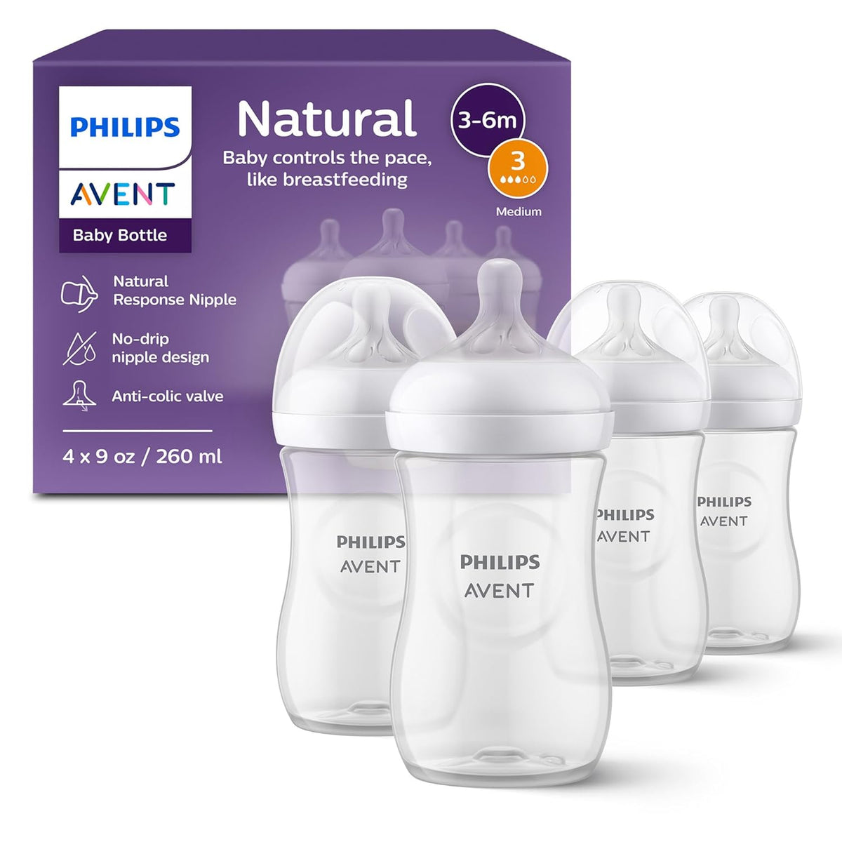 Philips Avent Natural baby bottles beside infant feeding supplies