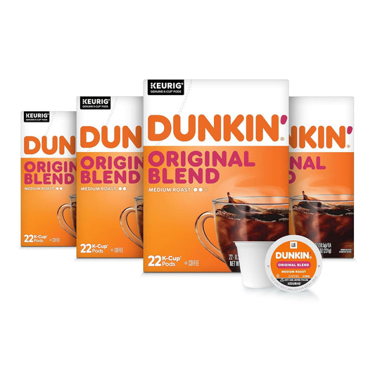 Dunkin’ Original Blend medium roast coffee, four white and orange 22-count K-Cup boxes with two pods
