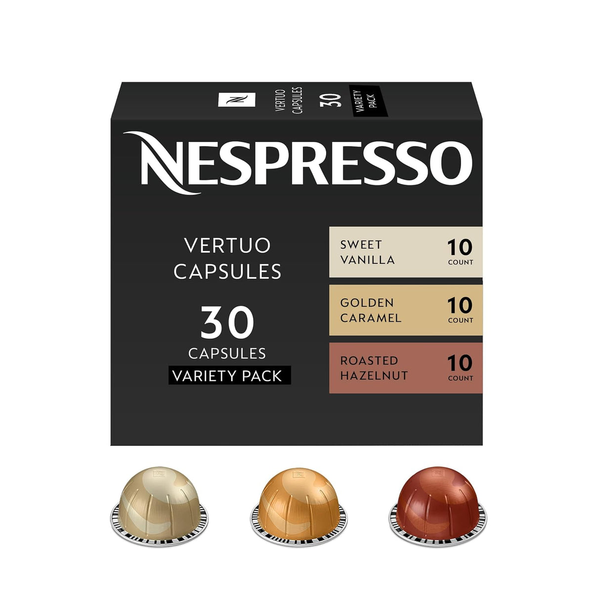 Nespresso Vertuo Barista Flavored Pack, 30 medium-roast pods in caramel, roasted hazelnut and sweet vanilla