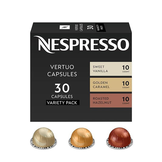Nespresso Vertuo Barista flavored pack, 30 medium roast coffee pods in caramel, roasted hazelnut and sweet vanilla