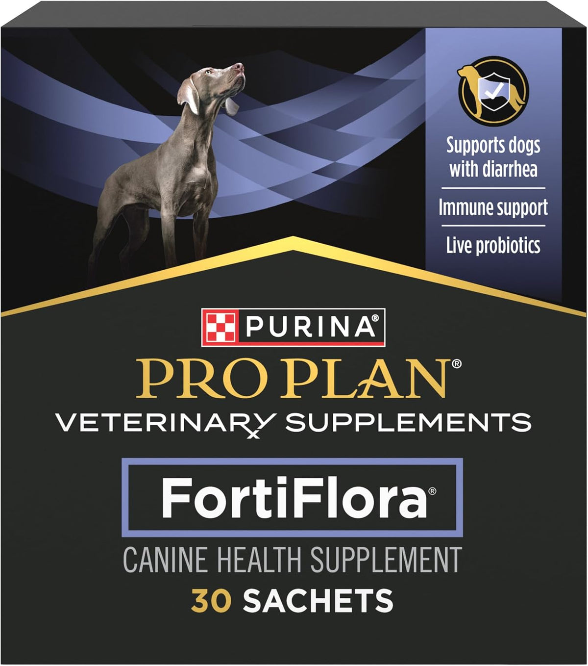 Purina Pro Plan FortiFlora dog probiotic supplement, 30 sachets, black box with purple accents and a dog image
