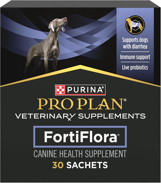 Purina Pro Plan FortiFlora dog probiotic supplement, 30 sachets, black box with purple accents and a dog image