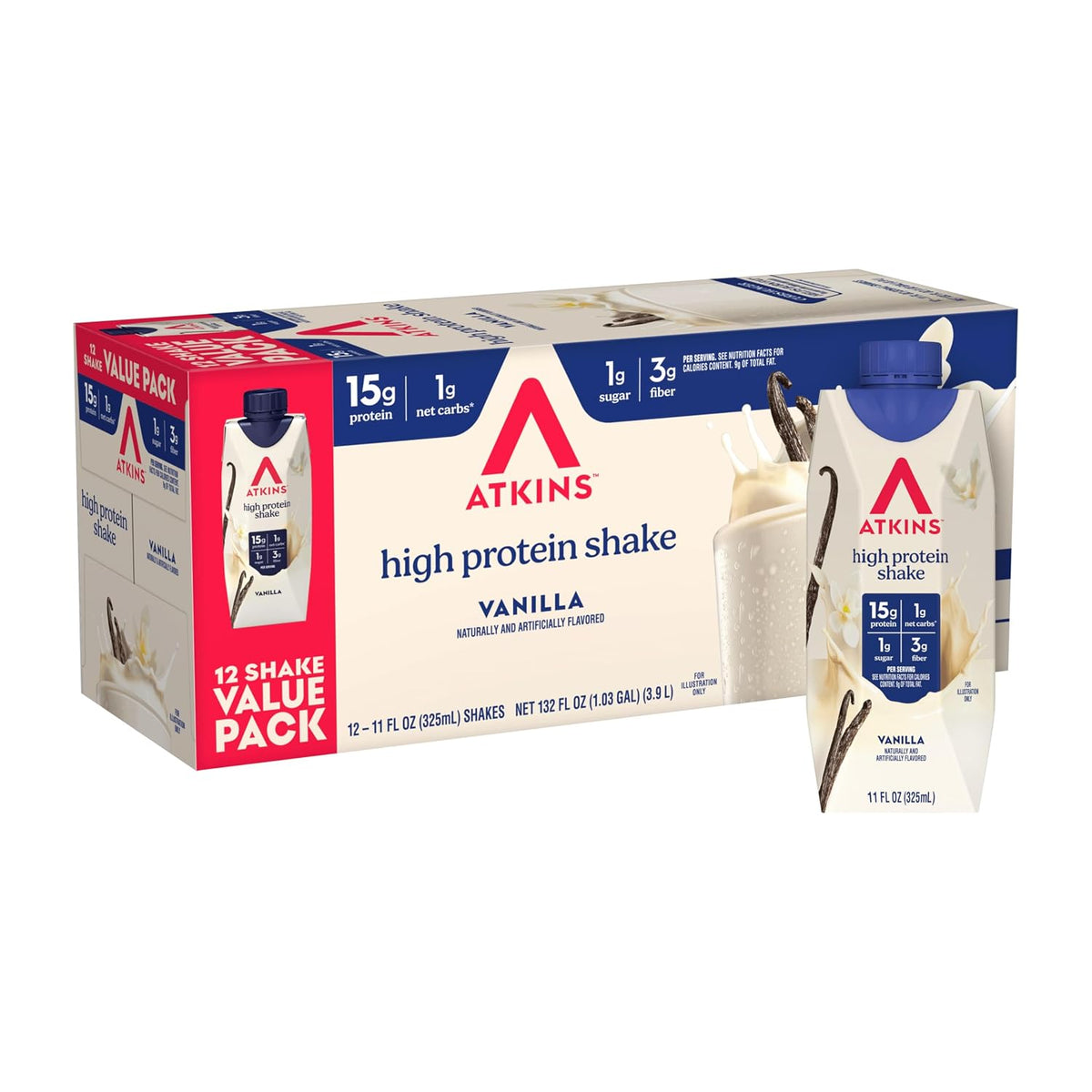A 12-shake value pack of Atkins High Protein Vanilla Shake, featuring a white and blue cardboard box with a single vanilla-flavored shake carton displayed in front on a white background.